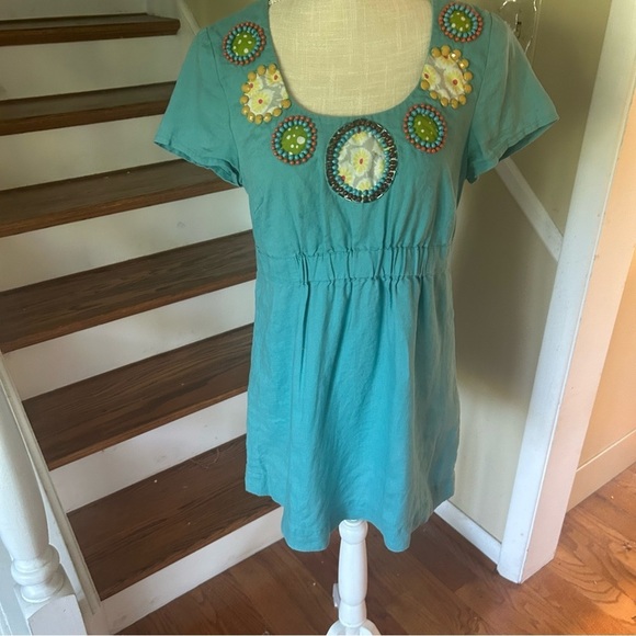 Boden Dresses & Skirts - Boden Women’s Blue 100% Linen Tunic Boho Embellished Elastic Waist Beaded Sz 6
